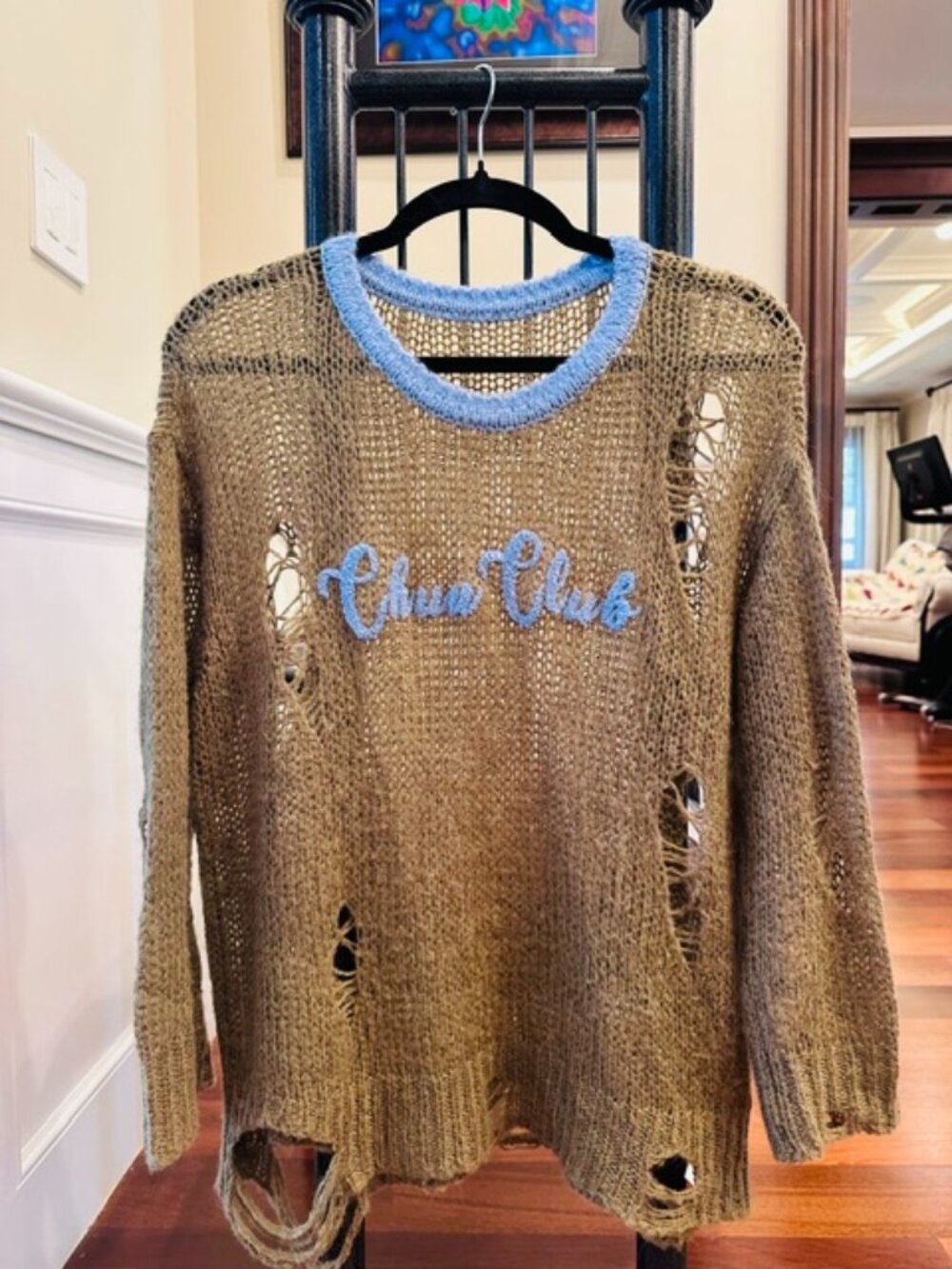 CHUU Club Oversized Ripped Knit Sweater Blue Beige